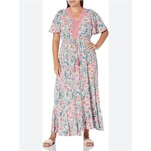 Aveology Maxi Dress Size 30/32W Pink Floral Crochet Lace Crinkle Fabric Boho